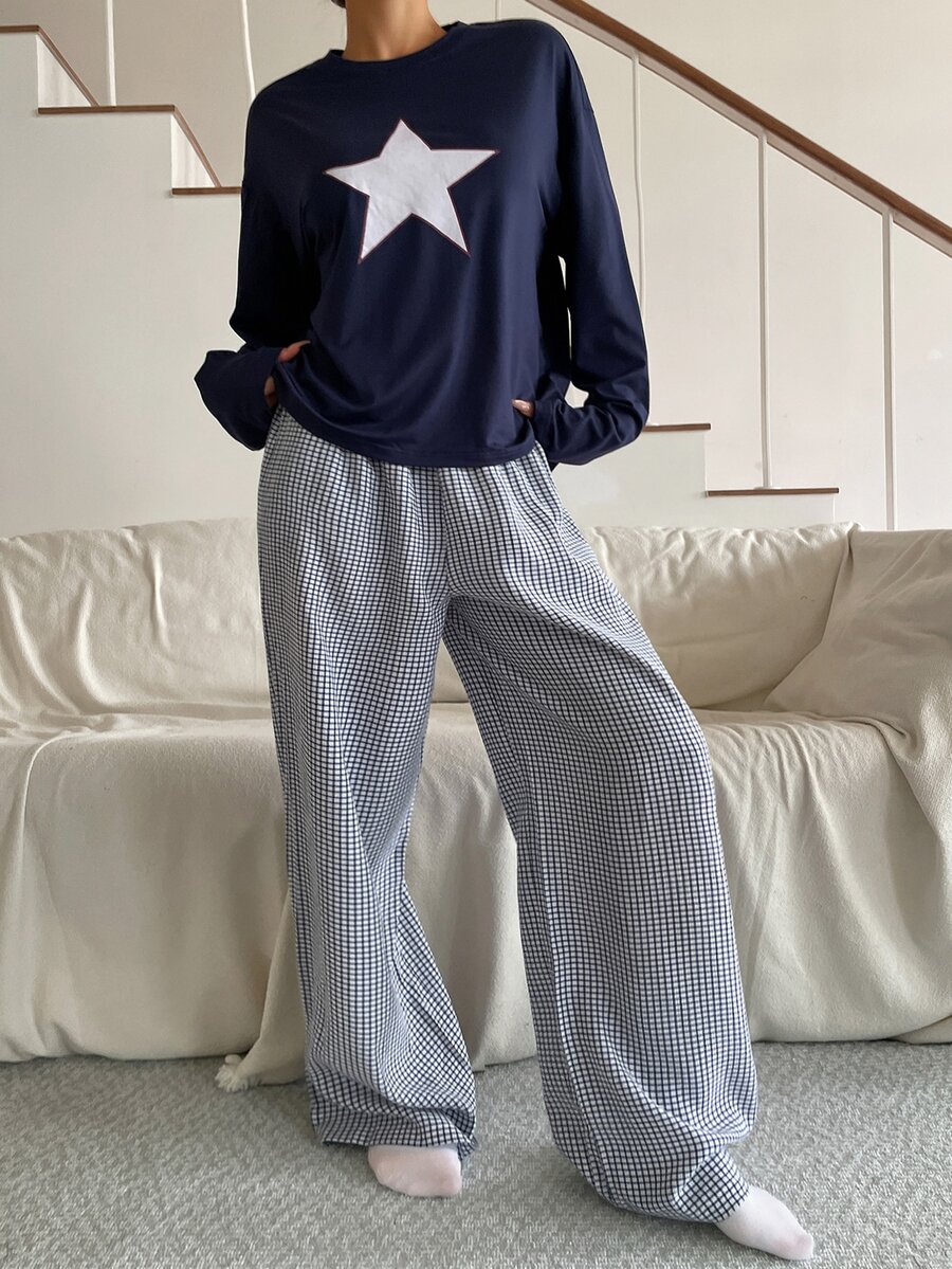 DAZY Autumn/Winter Star Pattern Loose Top And Plaid Pajama Pants Set For Women - Navy Blue - View 1