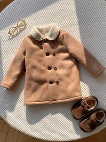 SHEIN 男女嬰兒/幼兒秋冬保暖內裡加厚翻領麂皮外套夾克，嬰兒冬季外套，保暖加厚填充外套 - 卡其色 - 查看 6