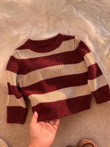 SHEIN 中性嬰兒男/女童、幼兒秋冬保暖內裡加厚可愛紅色條紋毛衣，嬰兒冬季毛衣，聖誕毛衣 - 紅色 - 查看 8