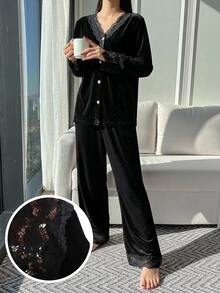 DAZY 女款對比色蕾絲長袖單排扣上衣與長褲居家服套裝 - 黑色 - 查看 3