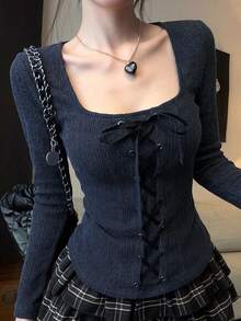 DAZY 女款海軍藍撞色繫帶修身方領優雅長袖T恤，適合秋冬夏季婚禮時尚派對 - 藍色 - 查看 1