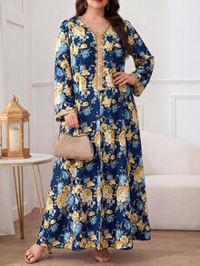 Al Najma 大尺碼女款 V 領花卉印花休閒派對阿拉伯風洋裝 - 藏蓝色 - 查看 4