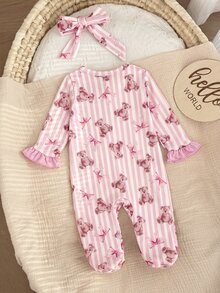 SHEIN 新生兒條紋小熊圖案拼色休閒居家連身睡衣 - 粉色 - 查看 2
