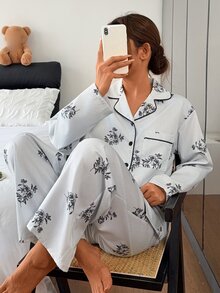 DAZY Women's Floral Print Long Sleeve Top And Pants Casual Daily Home Pajama Set Fall - Blue - View 4