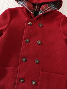 SHEIN Young Boy Loose Fit College Style Hooded Double-Breasted Thermal Lined Wool Coat - Burgundy - View 6