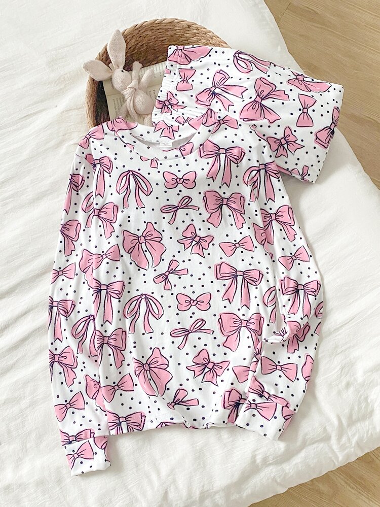 Teen Girls Beautiful Elegant Cute Pink Bow Pattern Casual Comfortable Long Sleeve Pants 2 Pieces Set Slim Fit Loungewear Dinner Autumn Snug Fit - Pink - View 1