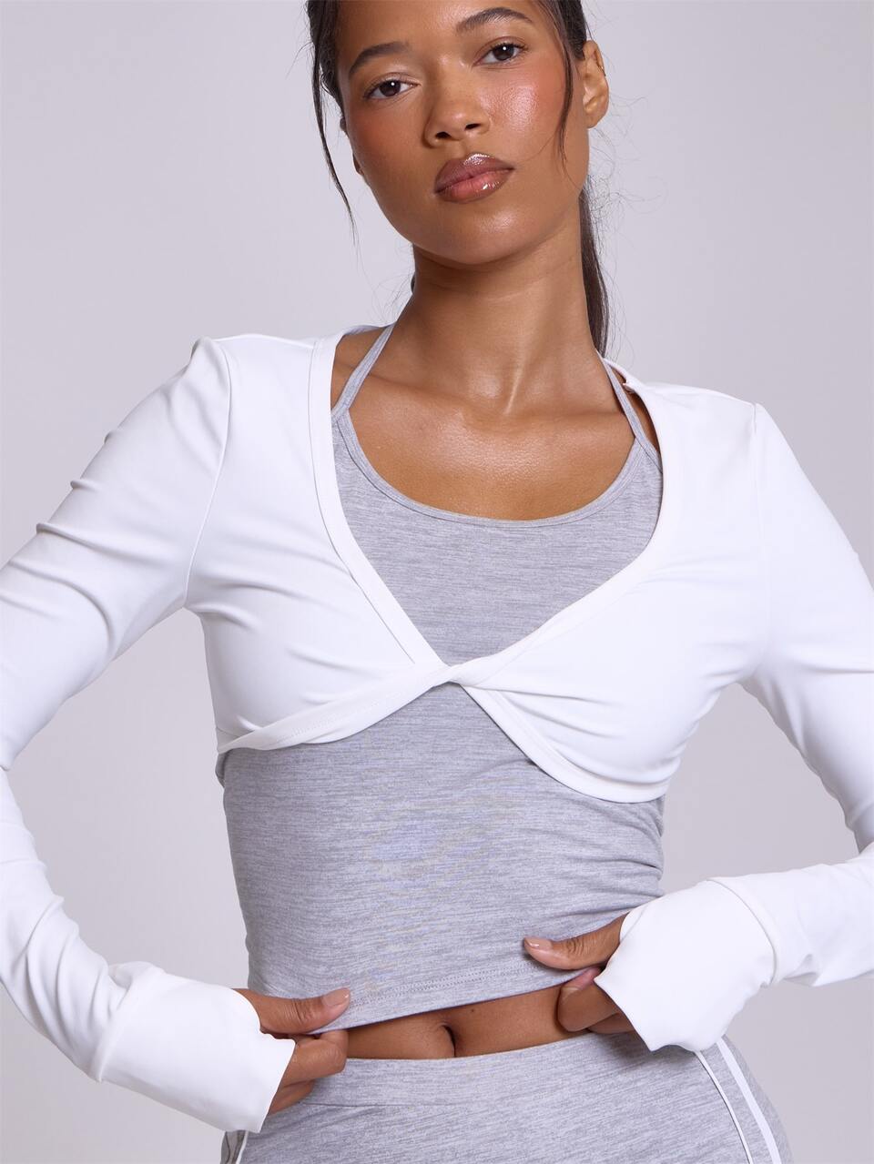 Grey White Double Layered Twist Front Scoop Neck Fitted Active Top