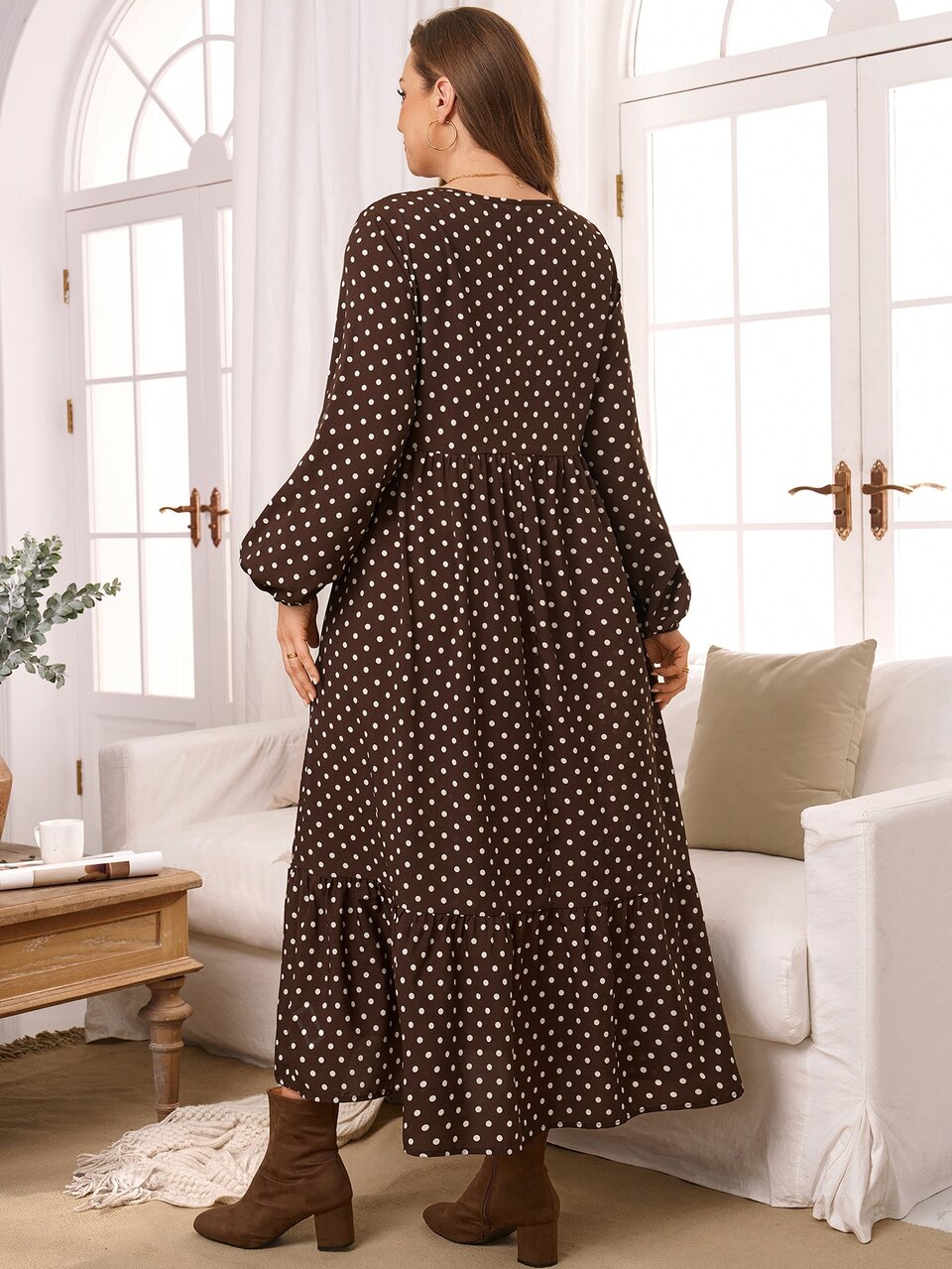 Women's Plus Size Polka Dot Pleated Casual Party Dress Fall Clothes For Women  Fall Winter 2026 Brown Polka Dot Autumn/Winter Casual Long Dress