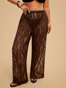 Travachic Plus Size Women's Lace Sheer Solid Color Beach Cover - Coffee Brown - View 4