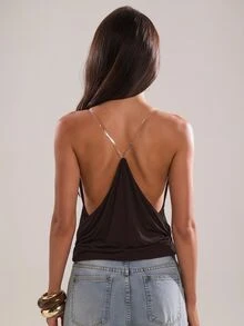 SHEIN BAE Spring/Summer Women's Casual Sexy Vacation Transparent Strap Camisole Solid Dark Brown Sleeveless Top, Suitable For Beach Going Out Night Out Club - Chocolate Brown - View 2