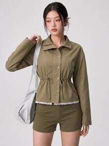DAZY Lace Trim Drawstring Waist Sports Jacket Fall - Olive Green - View 8
