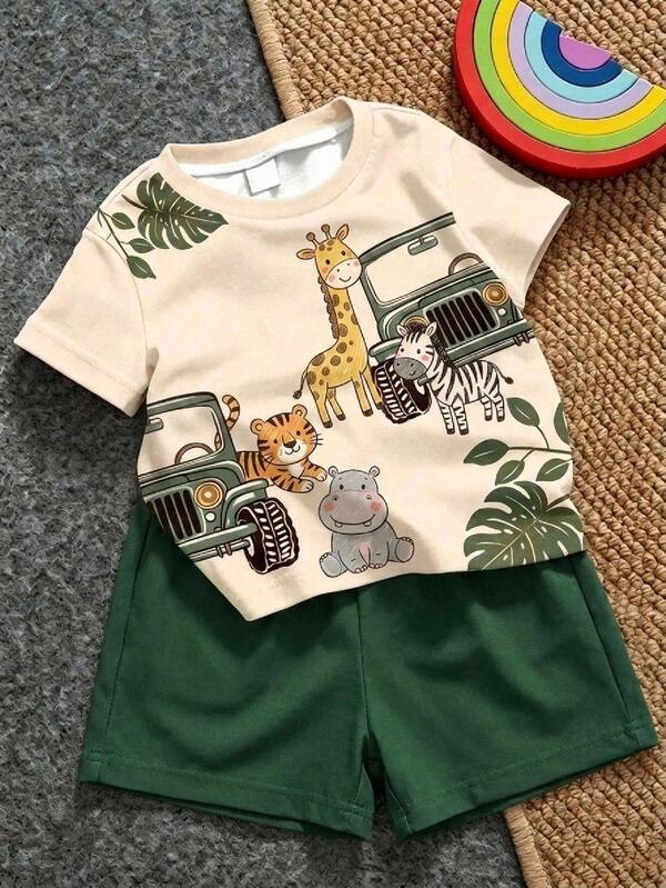 Young Boy Casual Cartoon Print T-Shirt And Shorts Set