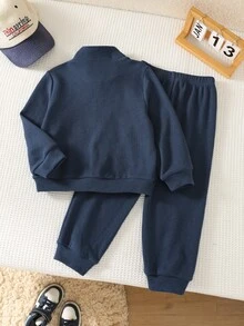 SHEIN 2件組 男童休閒舒適百搭立領半拉鍊套頭運動衫，織紋布料，搭配寬鬆版型長褲，適合秋冬穿著 - 藍色 - 查看 2