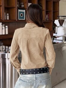 Muchica Vintage Retro Beige Corduroy Double Breasted Jacket – Autumn Casual Elegant Festival Vacation Outerwear For Women, Holiday Night Outfit Everyday - Apricot - View 2