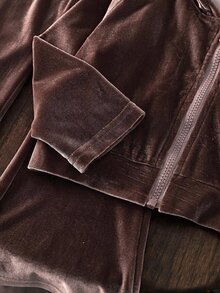 SHEIN Girls Velvet Hooded Long Sleeve Jacket And Pants Set, Suitable For Autumn/Winter, Fashionable And Versatile, Comfortable To Wear - Brown - View 5