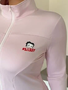 Betty Boop x DAZY Curve Plus Size Cartoon Print Fitted Sports Casual Spring/Autumn New Pink Jacket - Pink - View 7