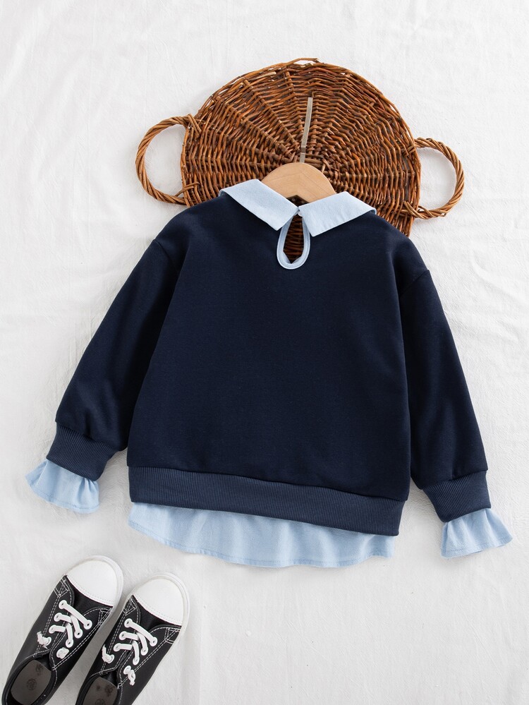 SHEIN Young Girl Letter Print 2 In 1 Patchwork Casual Daily Long Sleeve Sweatshirt - Navy Blue - View 2