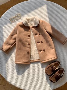 SHEIN 男女嬰兒/幼兒秋冬保暖內裡加厚翻領麂皮外套夾克，嬰兒冬季外套，保暖加厚填充外套 - 卡其色 - 查看 3