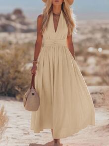 Solivie Women's Solid Color Pleated Casual Party Summer Dress - Apricot - View 9