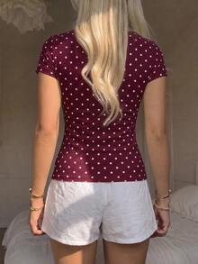 CovetEZ Casual Minimalist Sexy Cold Shoulder Burgundy Polka Dot Short Sleeve T-Shirt, Suitable For Spring And Summer, Spring And Summer Outfit Matching, Burgundy Polka Dots Make You Look Fairer - Multicolor - View 2