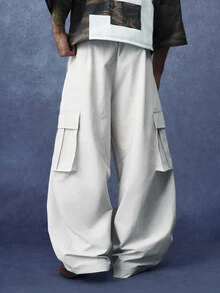 PAVTROS Men's Solid Color Drawstring Waist Wide Leg Loose Cargo Pants - Beige - View 2