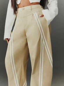 NYA SZN Women's Striped Pocket Loose Casual Curved Leg Pants - Khaki - View 4