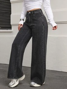 SHEIN PETITE Women's Casual Versatile Daily Travel Denim Jeans With Pockets And Buttons - Dark Grey - View 4