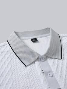 Manfinity Homme 男士針織提花純色紋理領口與袖口羅紋條紋兩鈕扣白色 Polo 衫 - 白色 - 查看 8