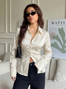 SHEIN EZwear 女款純色休閒性感百搭日常穿著襯衫，適合晚餐、辦公室，奶油色，秋季 - 白色 - 查看 7