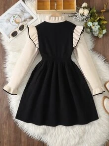 SHEIN Tween女孩秋冬休閒優雅復古學院風可愛黑色與杏色拼接荷葉領二合一收腰洋裝，適合返校季、秋冬外出與日常穿著 - 黑色 - 查看 2