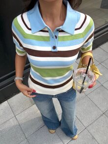 Siren Gaze 女款條紋 Polo 領短袖休閒針織上衣 - 彩色 - 查看 6