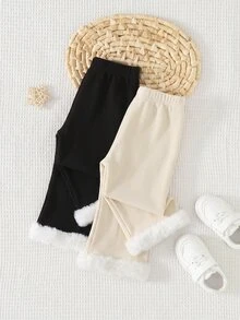 SHEIN Baby Girl Cute Casual Versatile Thermal Lined Elastic Waist Flared Leg Pants - Beige - View 6