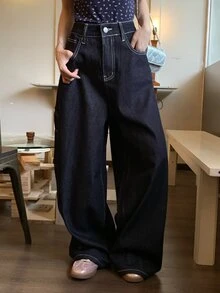 DAZY Jeans en denim décontractés et polyvalents pour femme, à porter au quotidien, avec poches, automne - Bleu azur - Voir 2