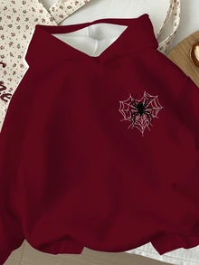 SHEIN Girlism 青少年女孩休閒極簡酷感愛心蜘蛛網與黑色蜘蛛圖案，復古深紅色，寬鬆套頭連帽衛衣舒適長袖運動衫與內搭褲2件套，適合秋冬舒適秋季與冬季風格，返校季，街頭風，新款 - 彩色 - 查看 6