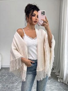 SHEIN Elenzya Jubah Syal Rajut Rumbai Putih Depan Terbuka untuk Wanita, Kardigan untuk Liburan Musim Gugur Gaya Boho - Aprikot - View 7