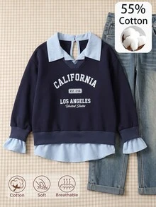 SHEIN 女童字母印花 2 合 1 拼接休閒日常長袖衛衣 - 藏蓝色 - 查看 3
