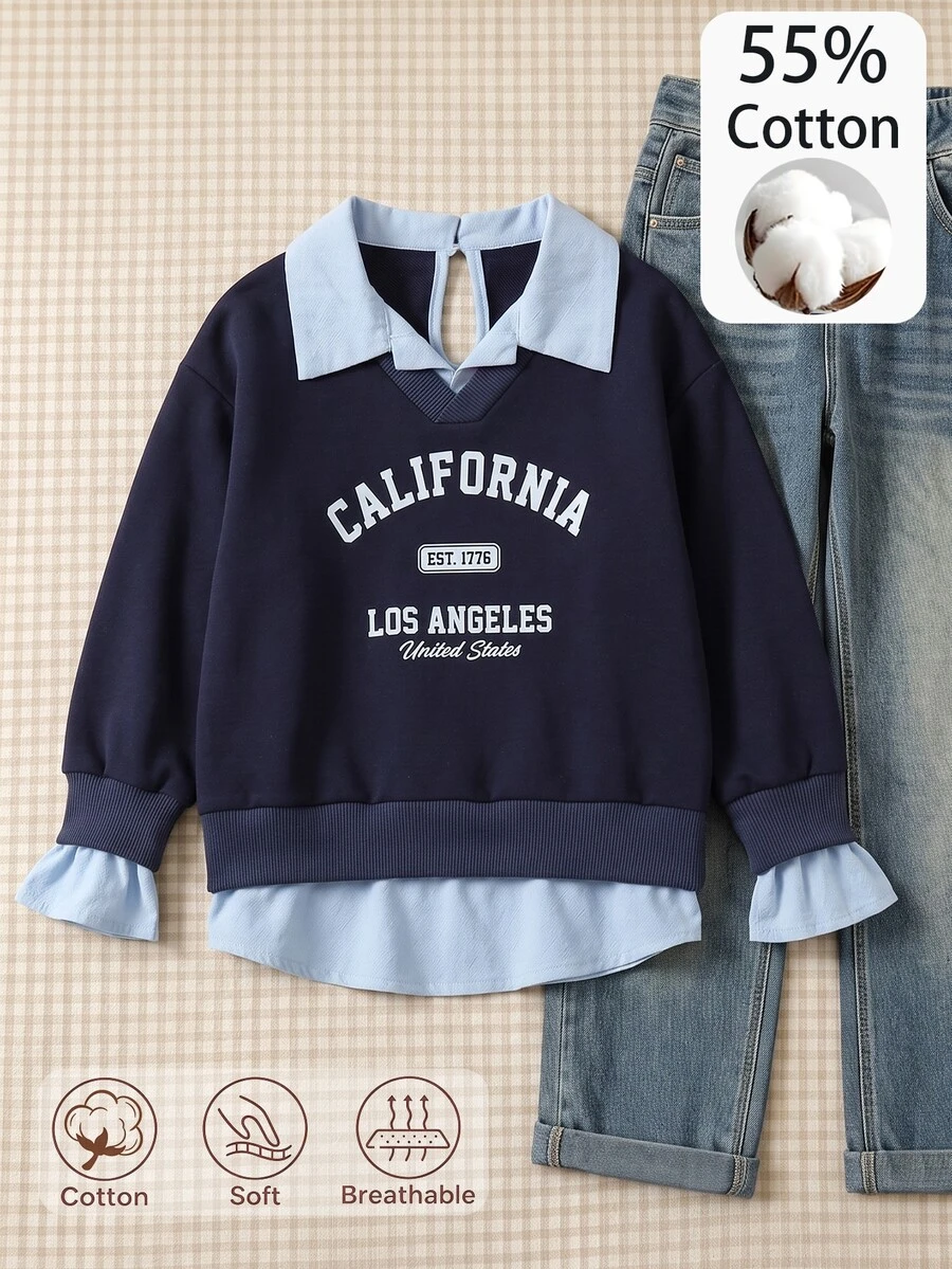 SHEIN Young Girl Letter Print 2 In 1 Patchwork Casual Daily Long Sleeve Sweatshirt - Navy Blue - View 1