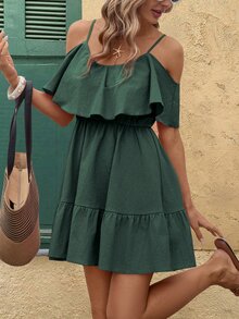 SHEIN Clasi 女款優雅波西米亞休閒細肩帶露肩舒適純棉素色深綠色A字裙 度假夏季 - 墨綠色 - 查看 3