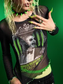 Beetlejuice X SHEIN 女款字母與圖案印花網紗長袖修身上衣 - 黑色 - 查看 3