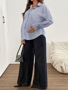 SHEIN Maternity Versatile Striped Single-Breasted Long Sleeve Shirt Fall - Navy Blue - View 7