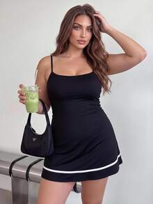 Rhythm Era 2026 High Elasticity Versatile Black Patchwork Flat-Leg Shorts 2 Pieces Set Women's Plus Size Sports Outfit - Black - View 1