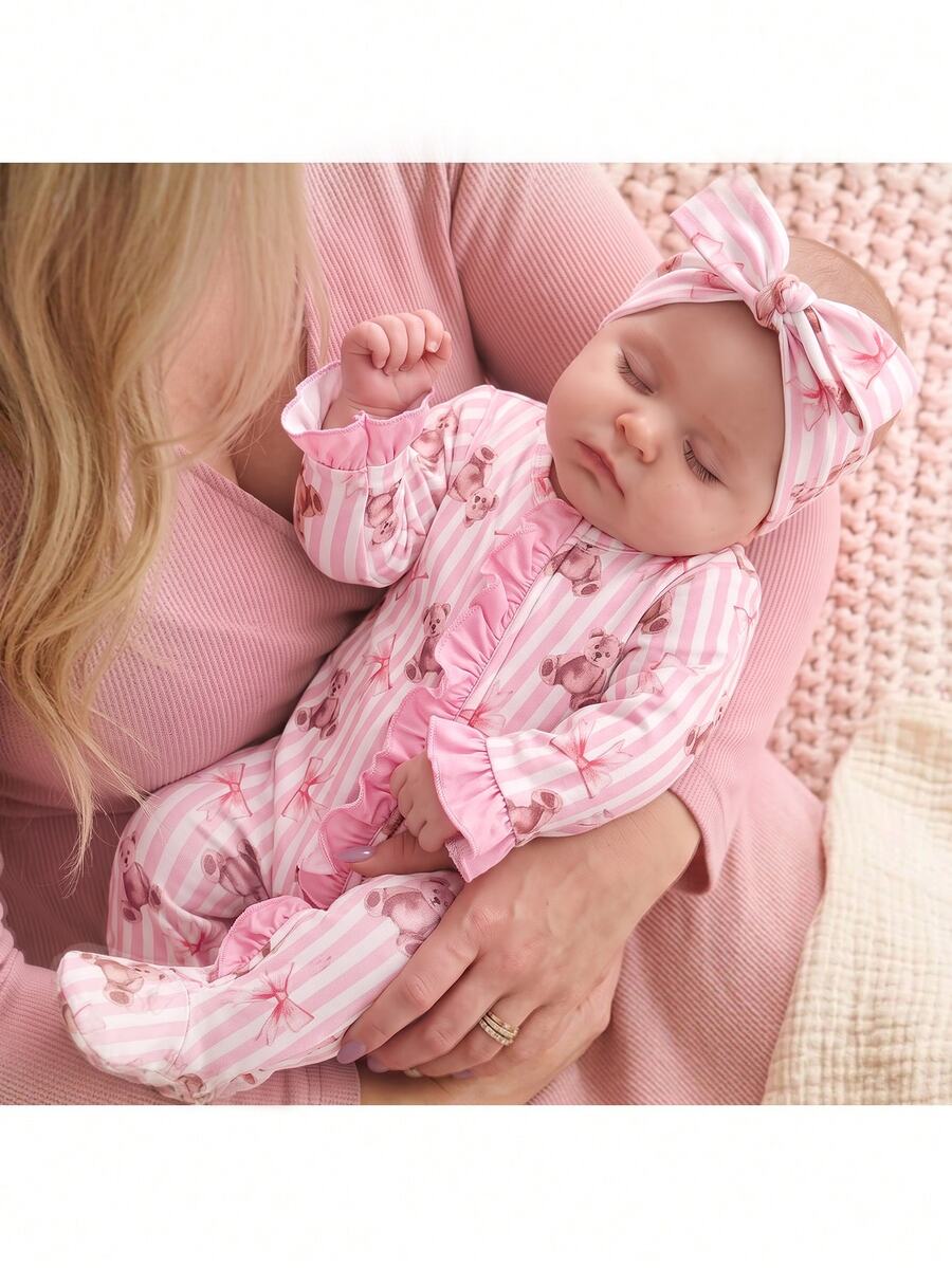 SHEIN Newborn Baby Striped Bear Pattern Colorblock Casual Home Wear Jumpsuit Pajamas - Pink - View 1