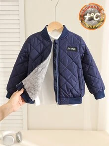 SHEIN 兒童小男孩休閒舒適梭織標籤口袋抓絨內裡連帽加厚填充外套冬季外套 - 藏蓝色 - 查看 6
