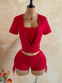 Soleia Women's Lace Patchwork Pleated Top And Tie-Up Shorts Sexy 2 Pieces Set - Red - View 5