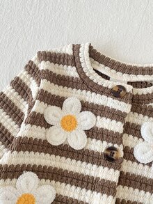 SHEIN Playful Pals 女童秋冬休閒羅紋針織前開扣花卉長袖彈性腰羅紋內搭褲套裝 - 棕色 - 查看 5