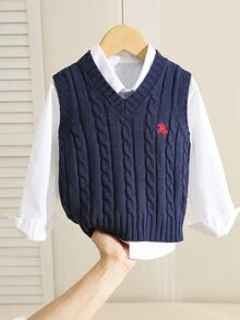SHEIN 小男孩休閒簡約學院風返校季，柔軟針織圓領套頭毛衣背心，適合春夏秋冬 - 藏蓝色 - 查看 1