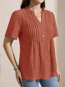 Comfylo 大尺碼休閒度假風碎花花瓣袖女式襯衫，夏季女裝優雅款 - 藕粉色 - 查看 6