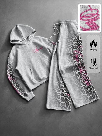 Street Life Set di felpa con cappuccio da uomo con stampa leopardata e tipografia artistica stile streetwear