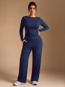 EMERY ROSE Plus Size Women Solid Color Pleated Long Sleeve Top And Pants Casual Daily 2 Pieces Set - Navy Blue - View 3
