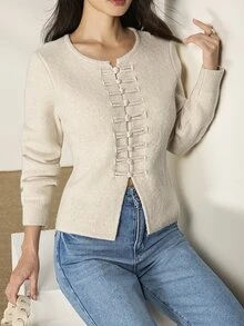 Heiryn Women's Solid Color Casual Versatile Daily Wear Long Sleeve Sweater - Apricot - View 1